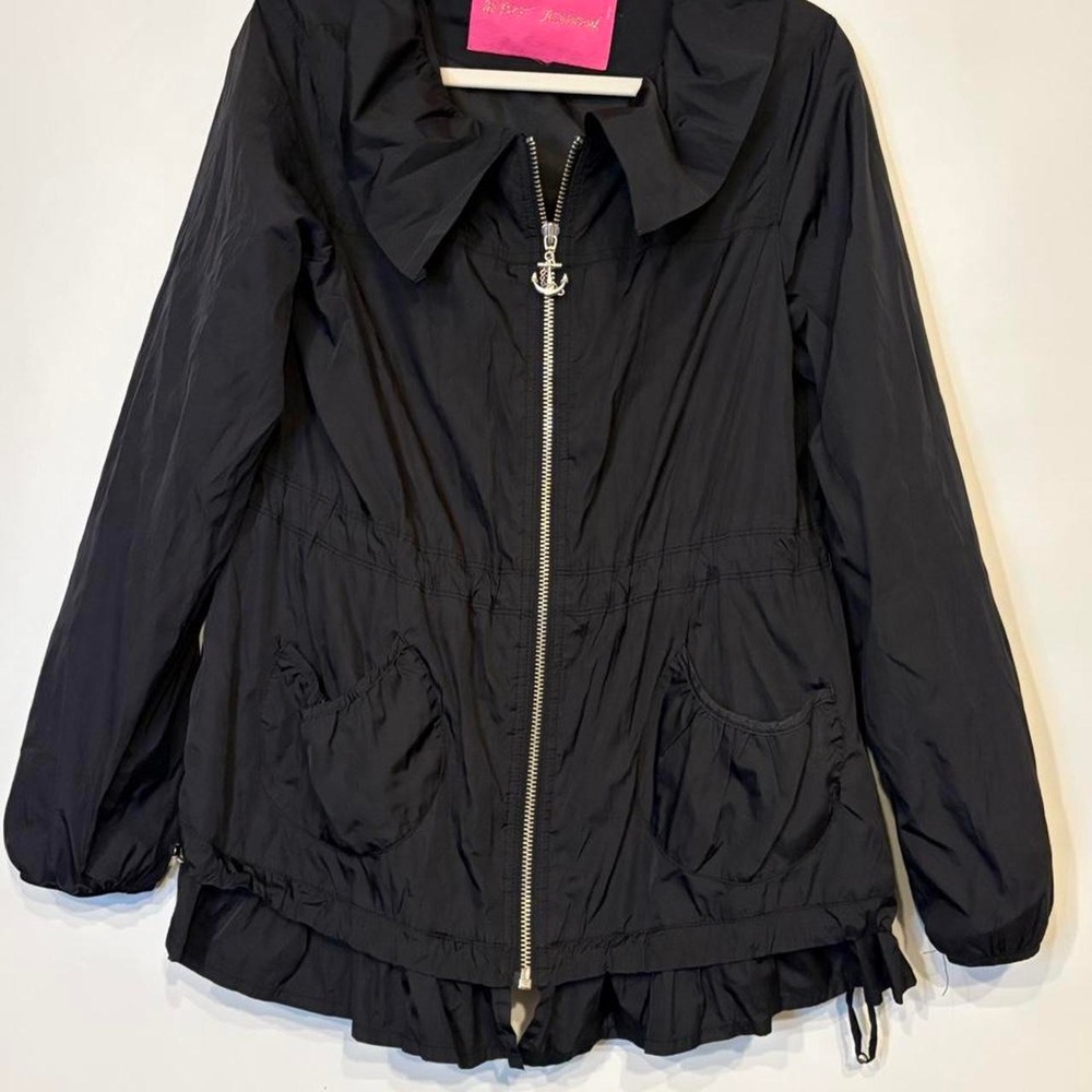 Betsey Johnson Black Ruffle Windbreaker Anorak Jacket Nautical Anchor Y2K